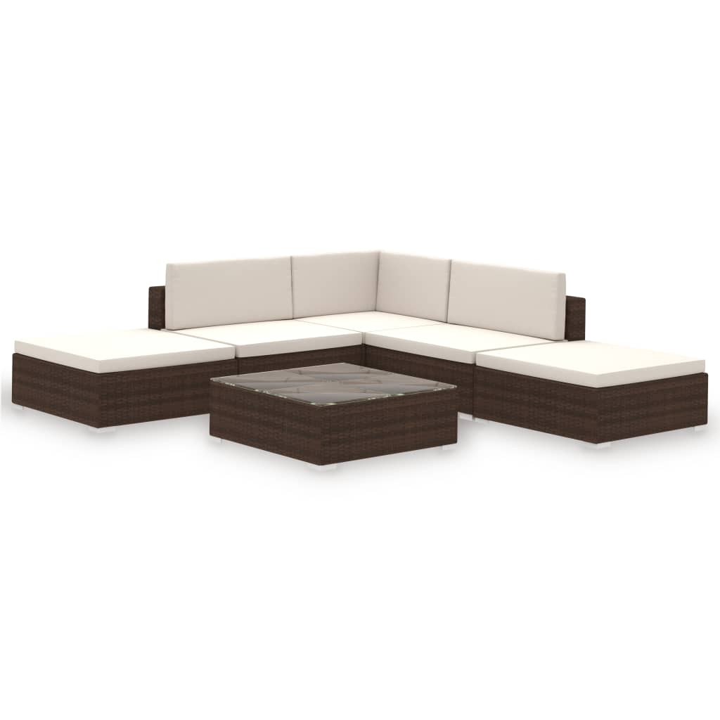 6 Piece Garden Lounge Set with Cushions - Poly Rattan Brown