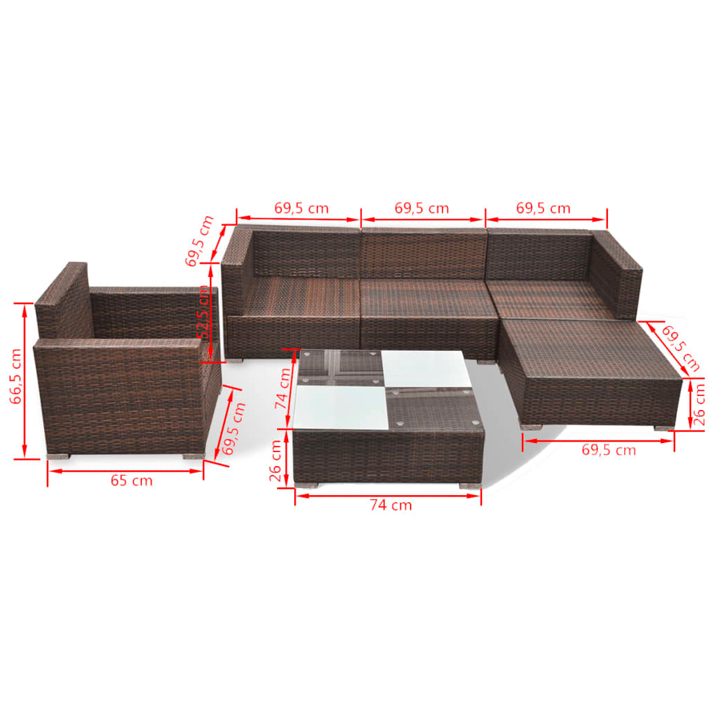 6 Piece Garden Lounge Set with Cushions - Poly Rattan Brown | Outdoor Furniture