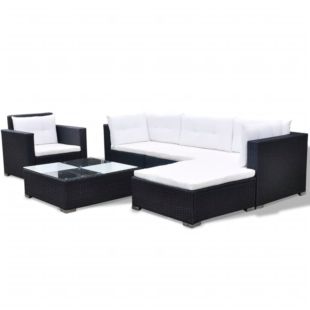 6 Piece Garden Lounge Set with Cushions - Poly Rattan Black