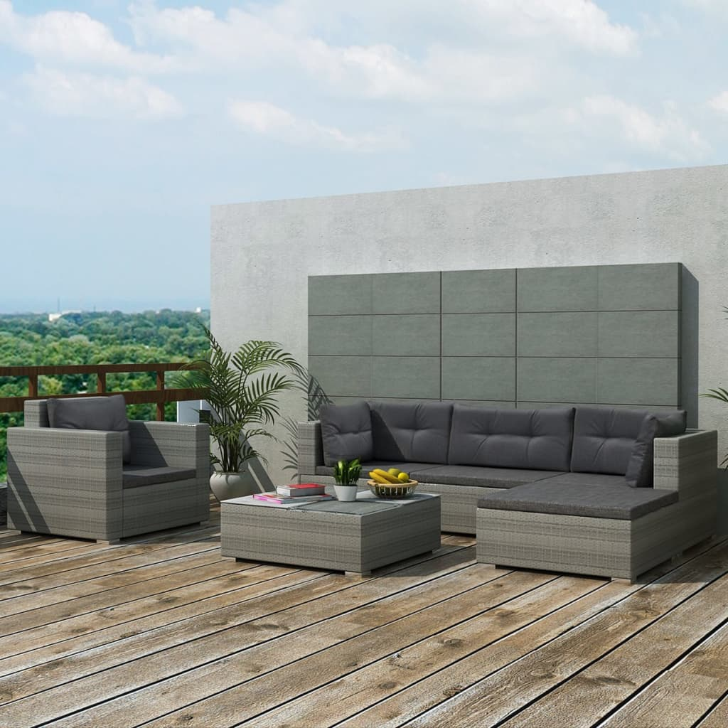 6 Piece Garden Lounge Set with Cushions Poly Rattan Grey