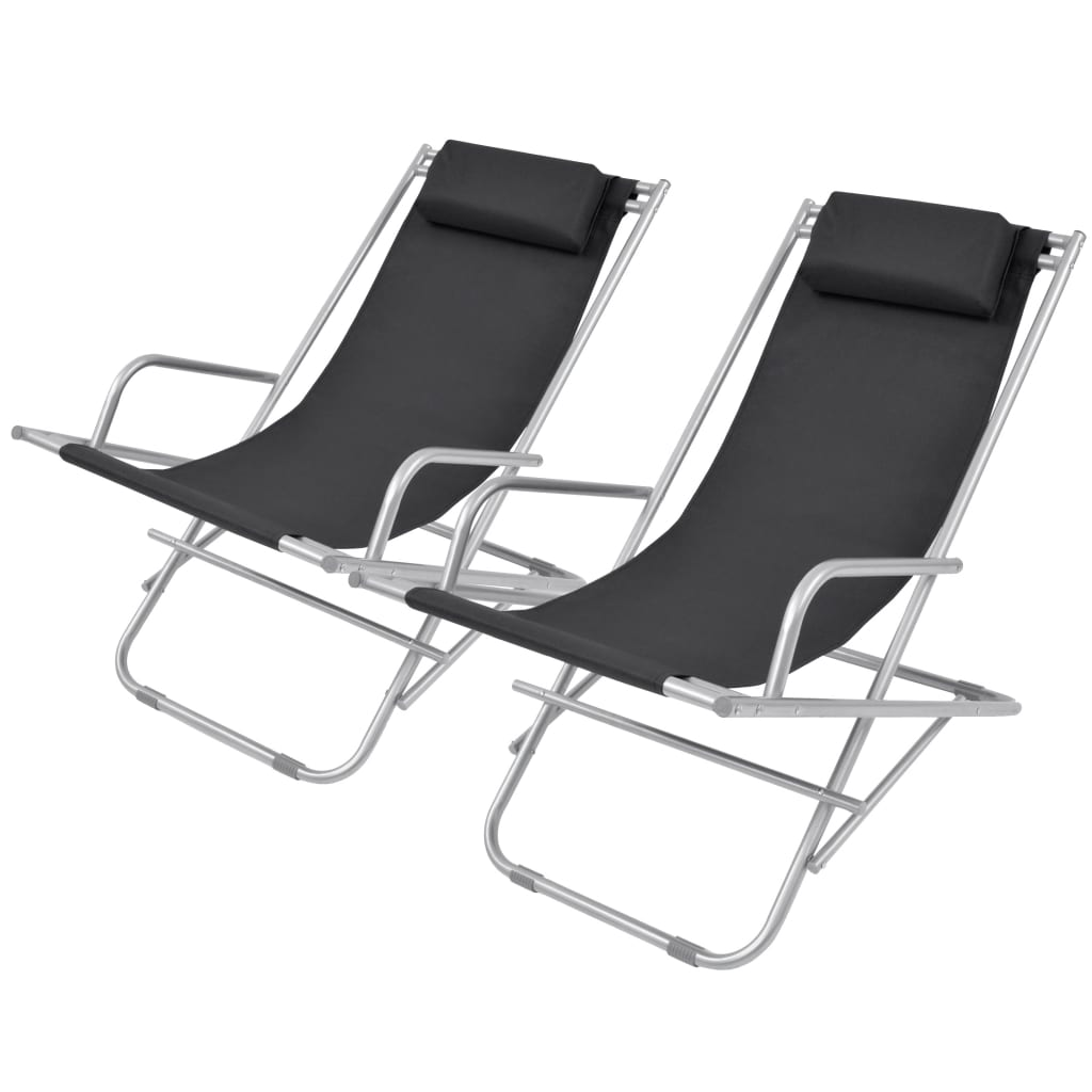 Reclining Deck Chairs 2 pcs - Steel Frame, Black Color