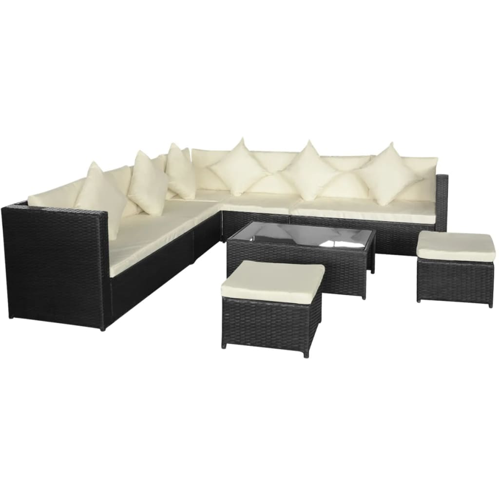 8 Piece Garden Lounge Set with Cushions - Poly Rattan Black