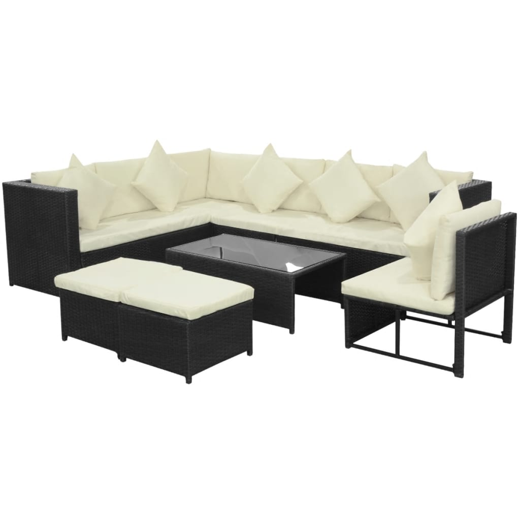 8 Piece Garden Lounge Set with Cushions - Poly Rattan Black