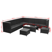 8 Piece Garden Lounge Set with Cushions - Poly Rattan Black