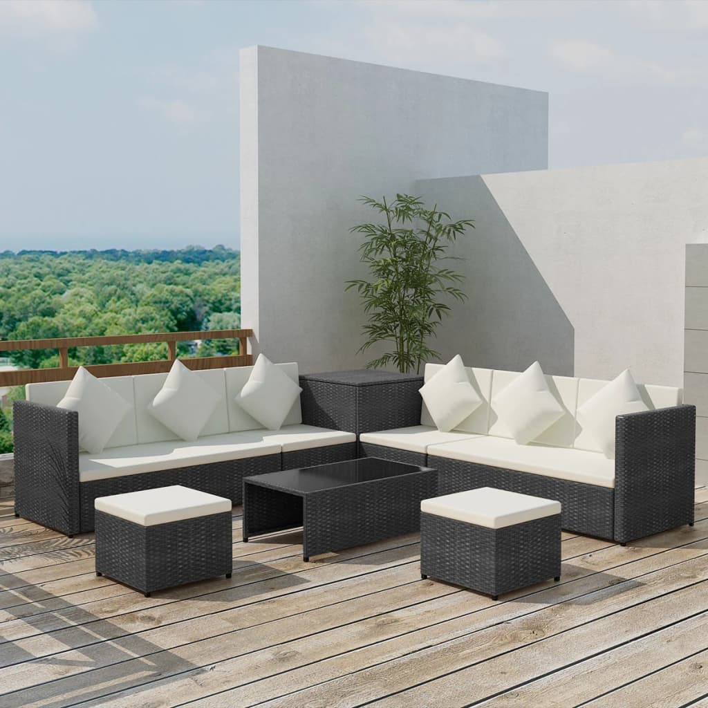 8 Piece Garden Lounge Set with Cushions Poly Rattan Black - Outdoor Patio Furniture