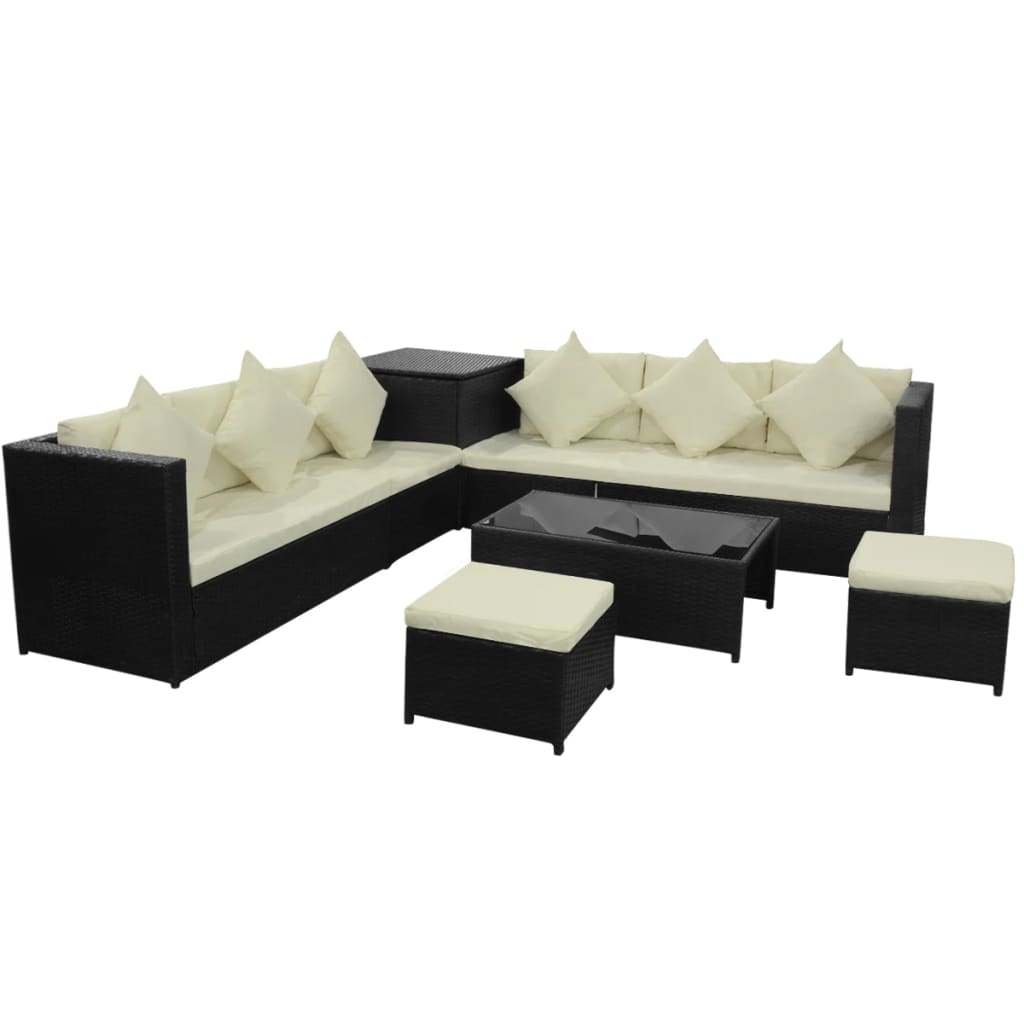 8 Piece Garden Lounge Set with Cushions Poly Rattan Black - Outdoor Patio Furniture