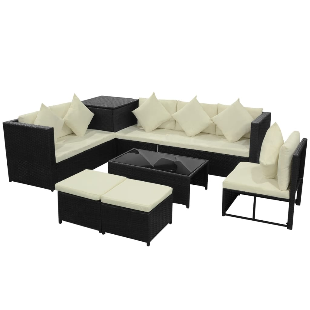 8 Piece Garden Lounge Set with Cushions Poly Rattan Black - Outdoor Patio Furniture