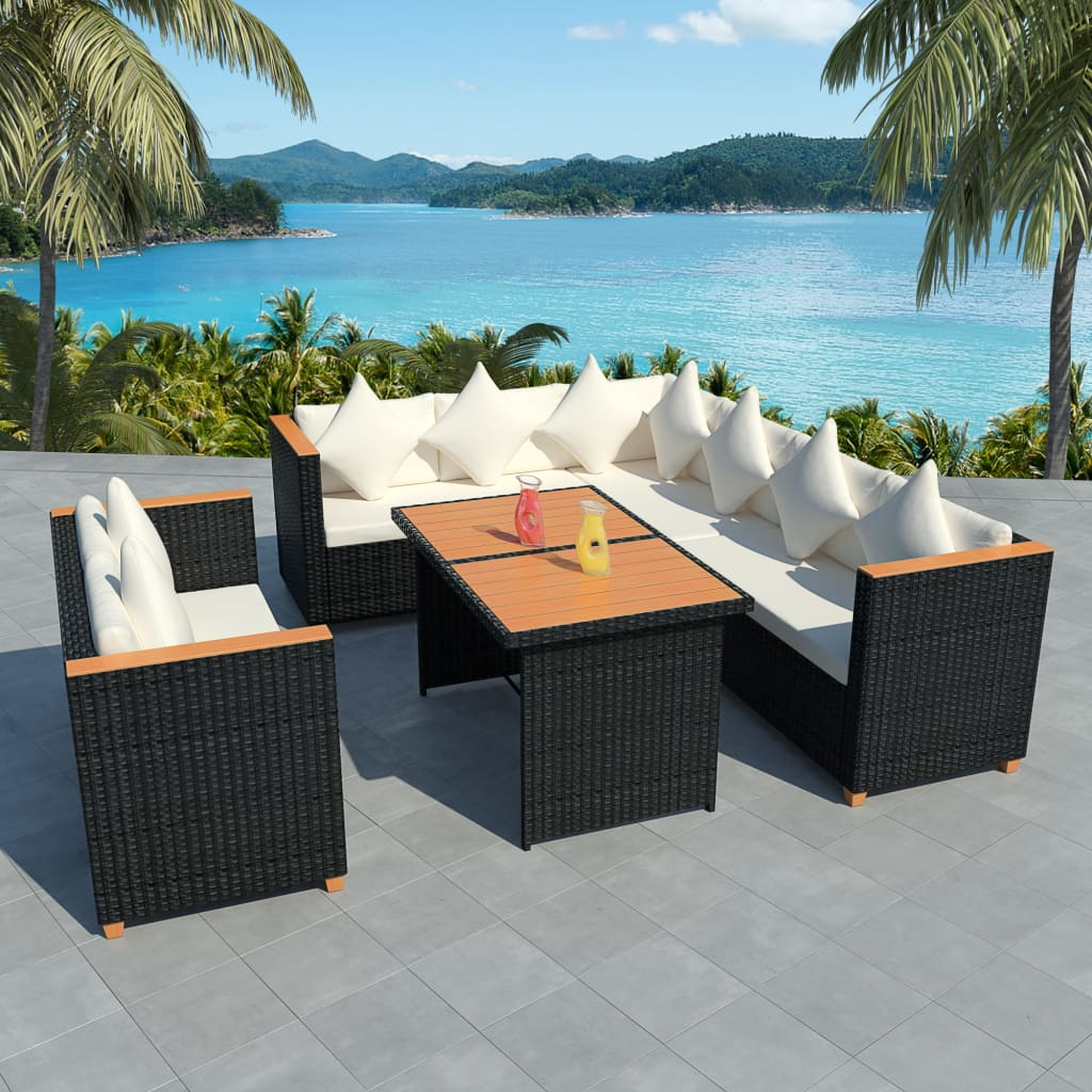 5 Piece Garden Lounge Set with Cushions | Poly Rattan | Black