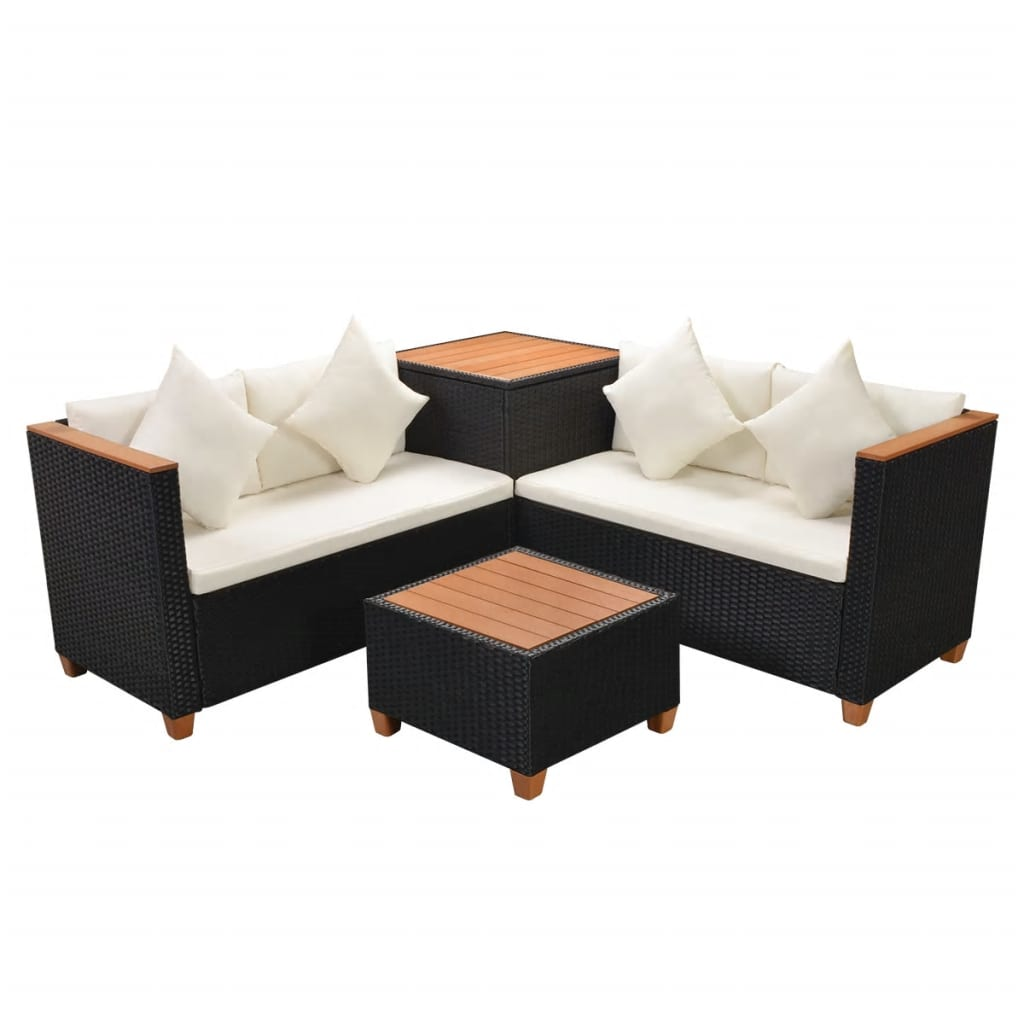 4 Piece Garden Lounge Set with Cushions - Poly Rattan - Black