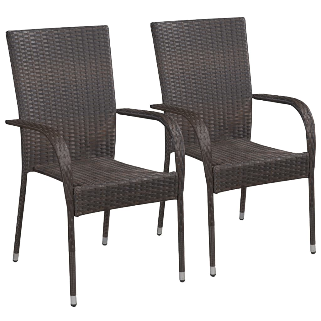 Stackable Outdoor Chairs 2 pcs Poly Rattan Brown - Garden Patio Terrace Furniture