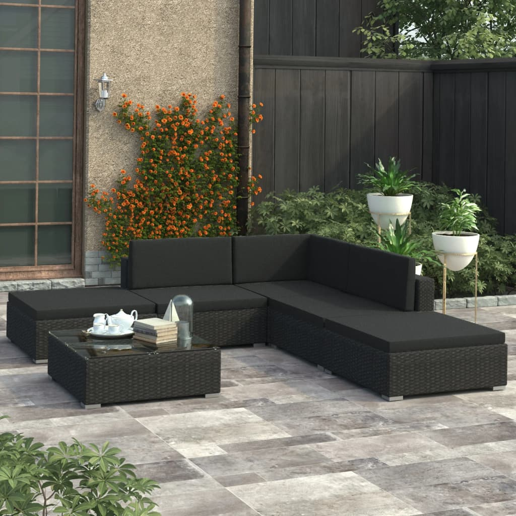 6 Piece Garden Lounge Set with Cushions Poly Rattan Black - Stylish Outdoor Furniture