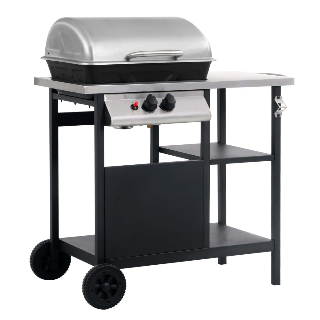 Gas BBQ Grill with 3-layer Side Table Black and Silver