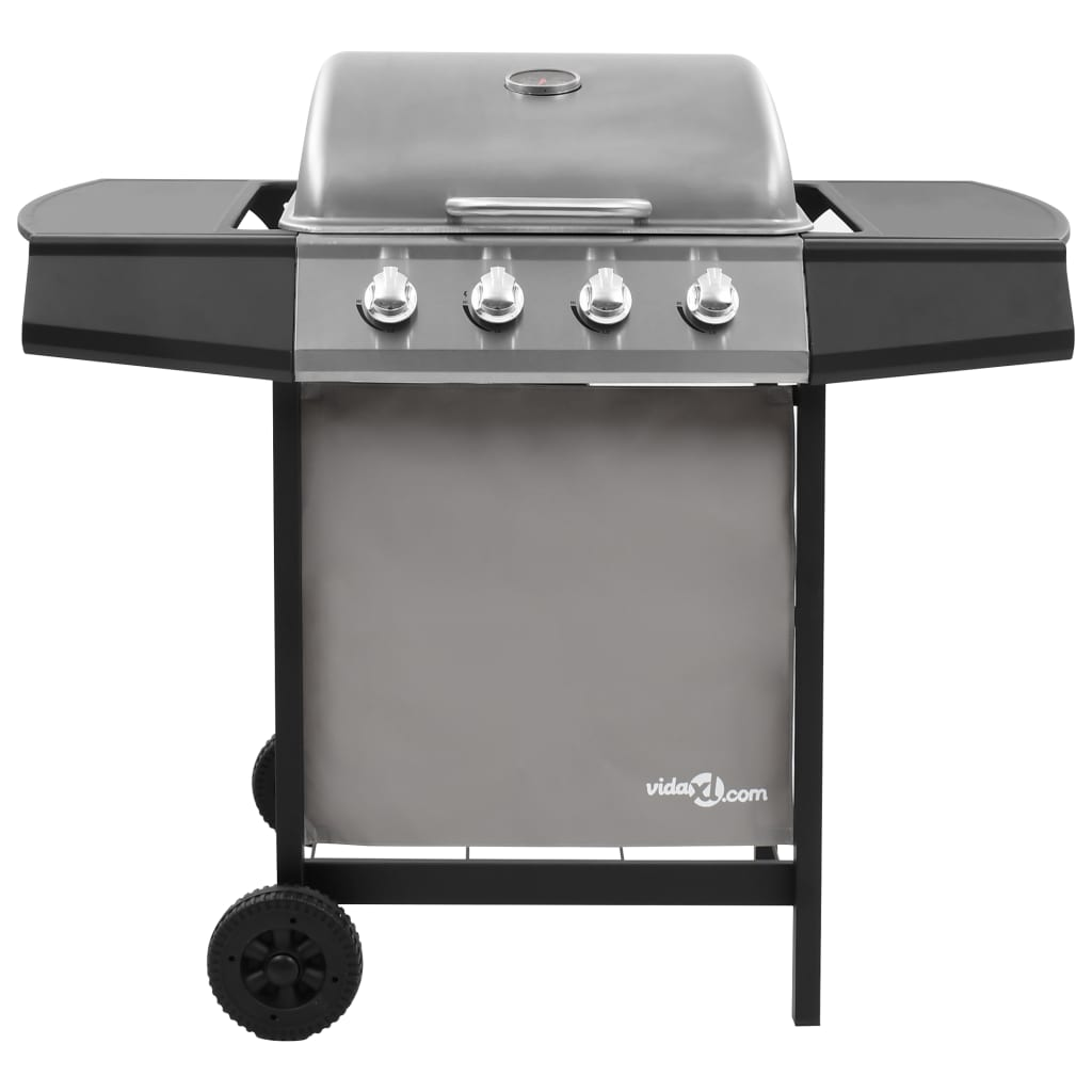 Gas BBQ Grill with 4 Burners - Black and Silver