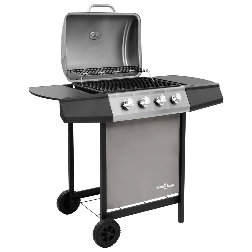 Gas BBQ Grill with 4 Burners - Black and Silver