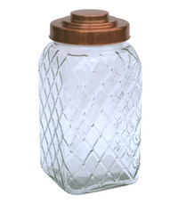 Copper Lidded Square Glass Jar - 12 Inch Large | Retro Style, Diamond Embossed Design