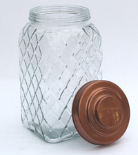 Copper Lidded Square Glass Jar - 12 Inch Large | Retro Style, Diamond Embossed Design