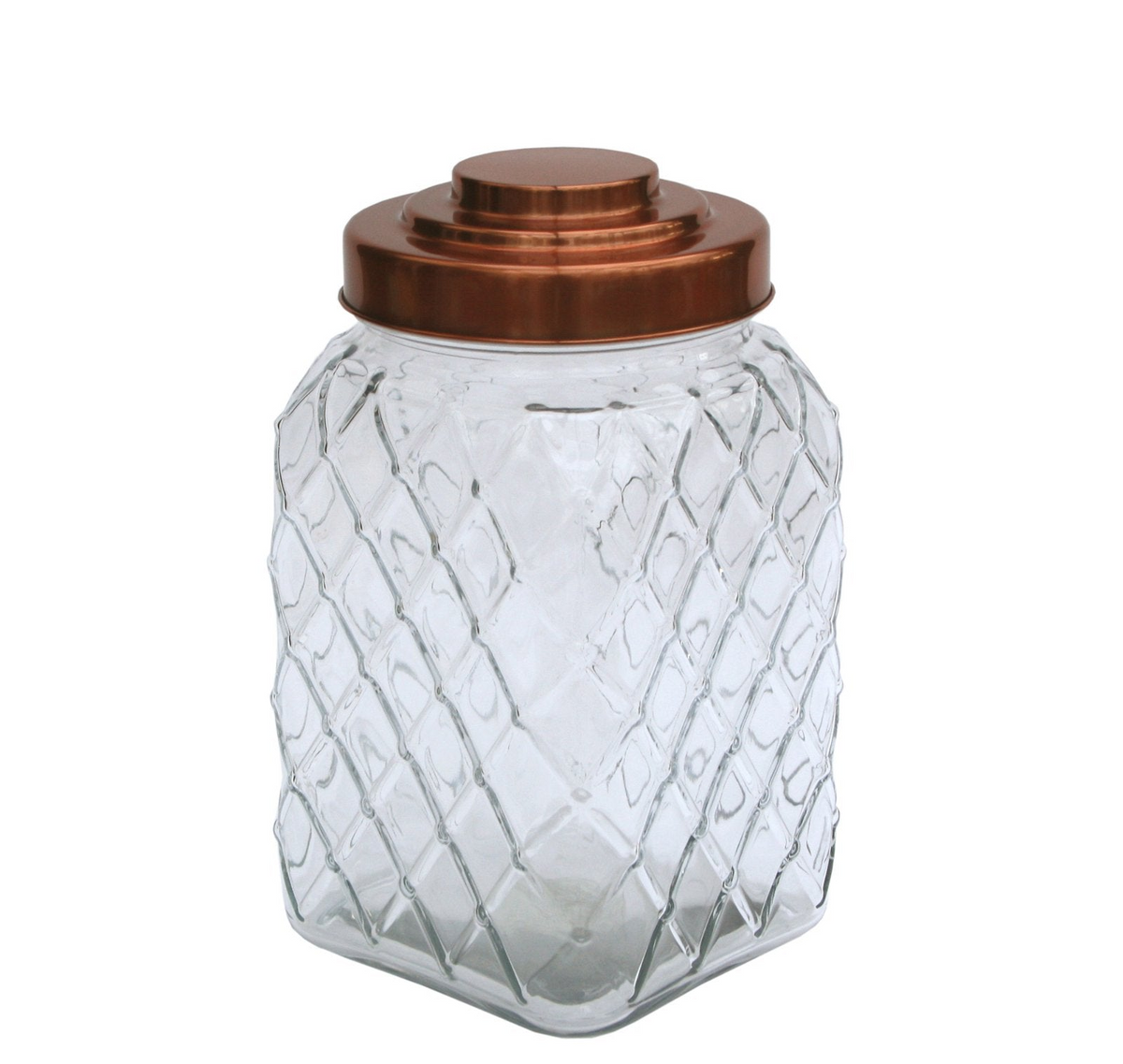 Copper Lidded Square Glass Jar - 10.5 Inch Medium Size | Retro Design, Diamond Embossed, Easy Screw-On Copper Lid