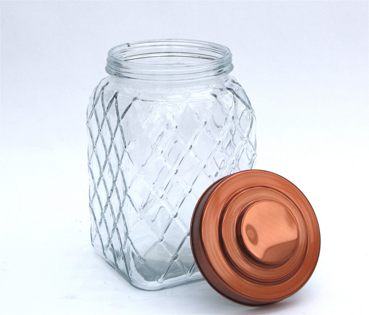 Copper Lidded Square Glass Jar - 10.5 Inch Medium Size | Retro Design, Diamond Embossed, Easy Screw-On Copper Lid