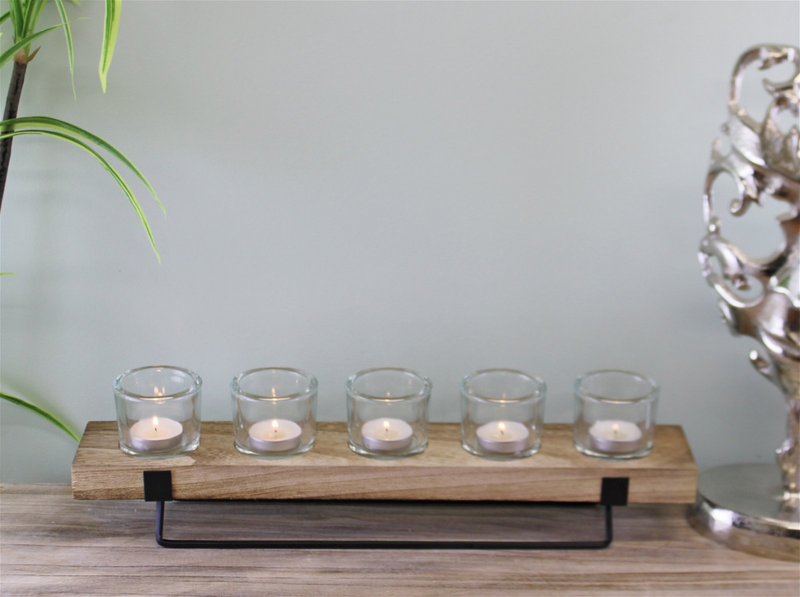 5 Piece Glass, Wood & Metal Tealight Holder | Stylish Home Decor