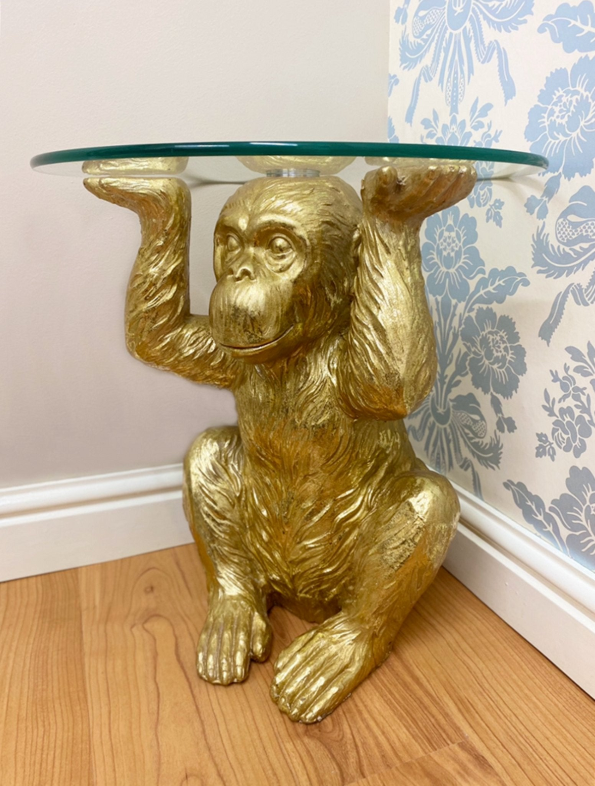 Gold Chimp With Glass Top Side Table - Playful and Sophisticated