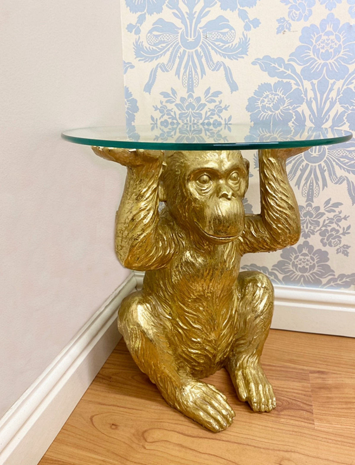 Gold Chimp With Glass Top Side Table - Playful and Sophisticated