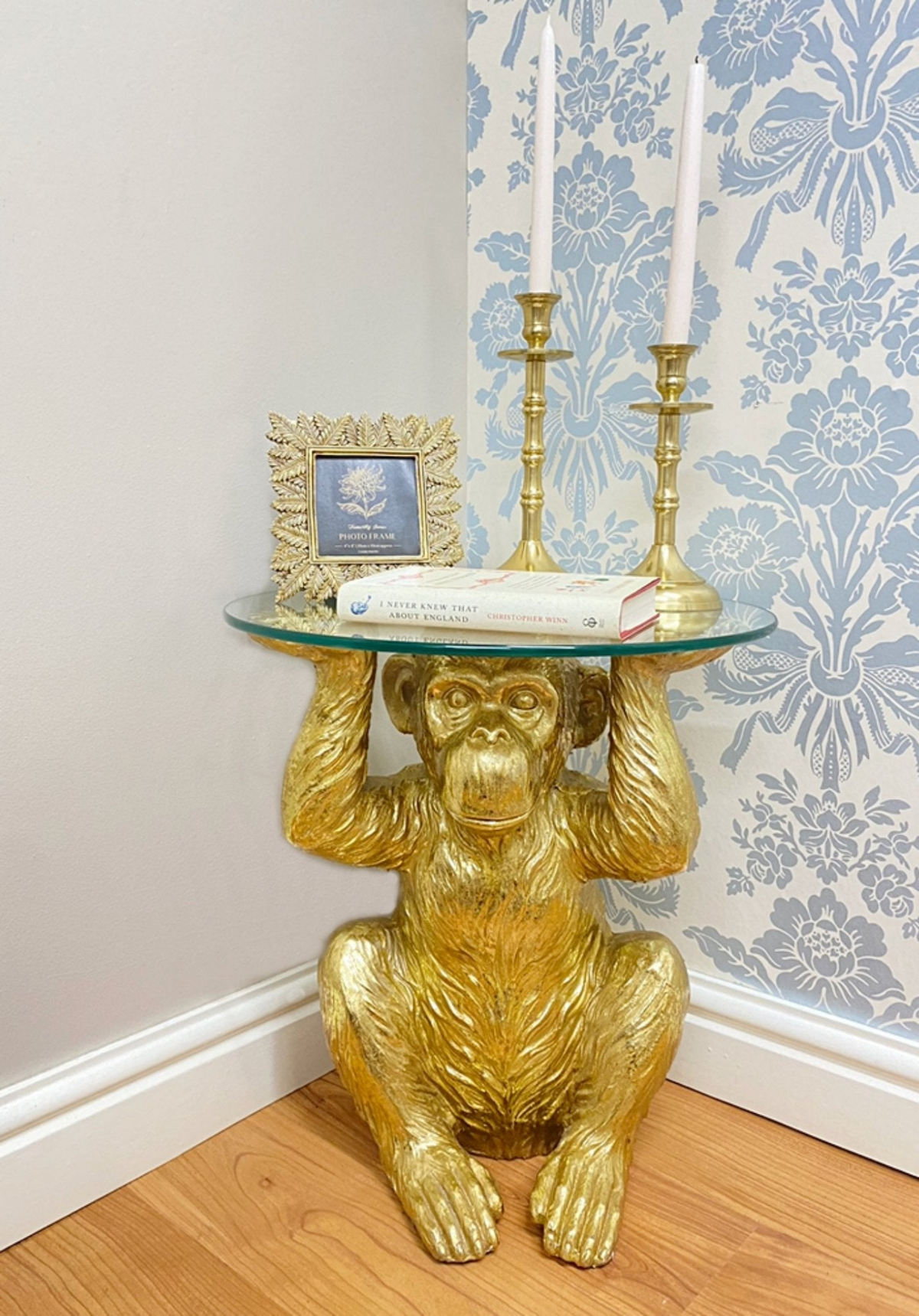 Gold Chimp With Glass Top Side Table - Playful and Sophisticated