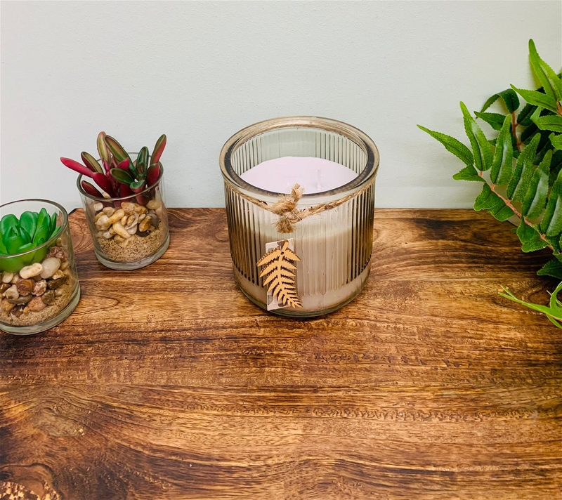 Forest Mist Leaf Glass Scented Candle (Assorted Colours) - Smoky Glass Candle with Wooden Leaf Decoration