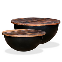 Coffee Table Set 2 Pieces | Solid Reclaimed Wood | Black Bowl Shape