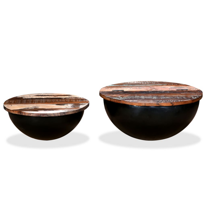 Coffee Table Set 2 Pieces | Solid Reclaimed Wood | Black Bowl Shape