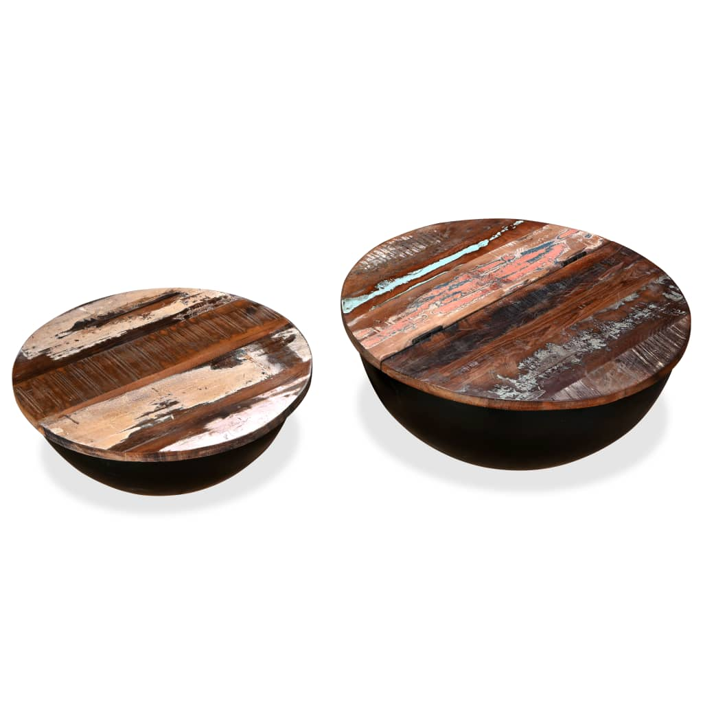 Coffee Table Set 2 Pieces | Solid Reclaimed Wood | Black Bowl Shape