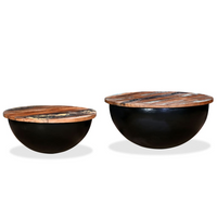 Coffee Table Set 2 Pieces | Solid Reclaimed Wood | Black Bowl Shape