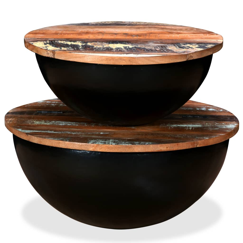 Coffee Table Set 2 Pieces | Solid Reclaimed Wood | Black Bowl Shape