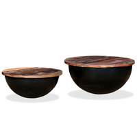 Coffee Table Set 2 Pieces | Solid Reclaimed Wood | Black Bowl Shape