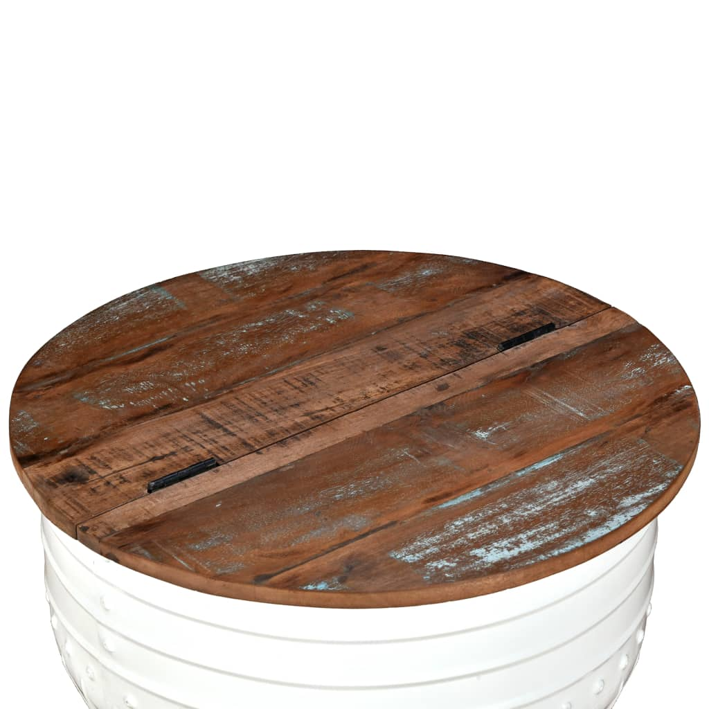 Coffee Table Solid Reclaimed Wood White Barrel Shape - Industrial Flair