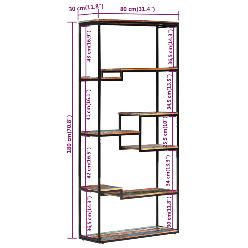 Bookcase 80x30x180 cm - Solid Reclaimed Wood | Rustic Charm for Your Space