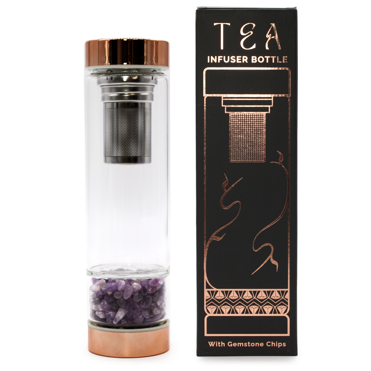 Luxurious Crystal Glass Tea Infuser Bottle - Rose Gold with Amethyst Gemstone