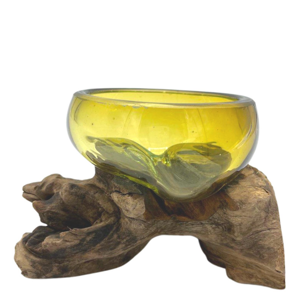 Molton Glass Mini Amber Bowl on Wood - Handcrafted Recycled Glass and Gamal Wood - Natural and Chic