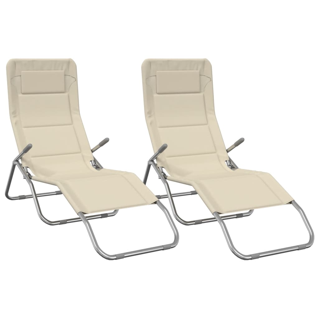 Folding Sun Loungers 2 pcs Cream Textilene & Powder-coated Steel - Outdoor Loungers