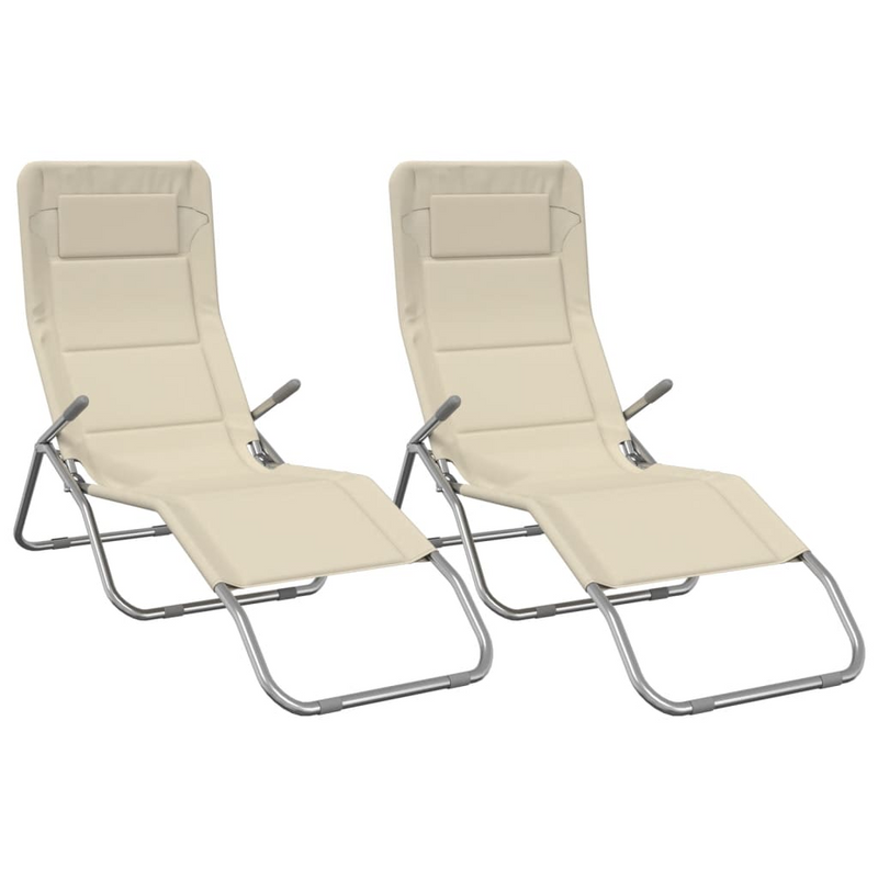 Folding Sun Loungers 2 pcs Cream Textilene & Powder-coated Steel - Outdoor Loungers