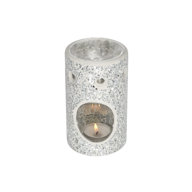 Silver Pillar Crackle Glass Oil Burner - Elegant Home Decor Piece