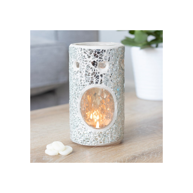 Silver Pillar Crackle Glass Oil Burner - Elegant Home Decor Piece