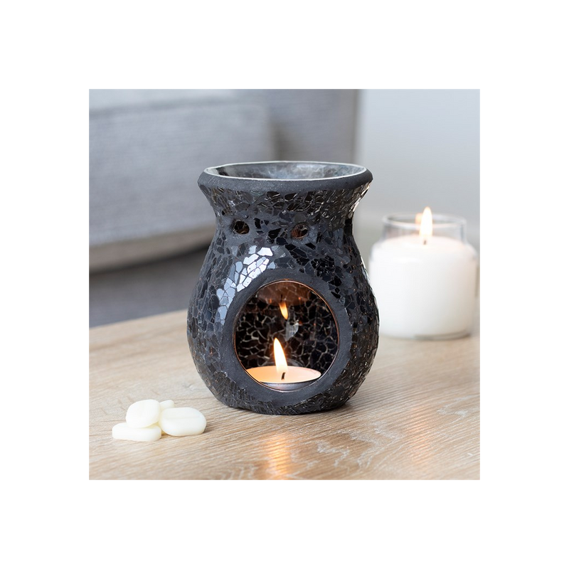 Small Black Crackle Glass Oil Burner - Elegant Home Fragrance Decor