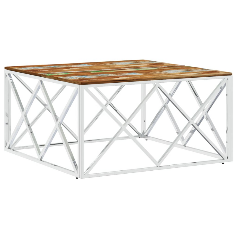 Coffee Table Silver Stainless Steel and Solid Wood Reclaimed