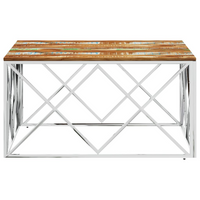 Coffee Table Silver Stainless Steel and Solid Wood Reclaimed