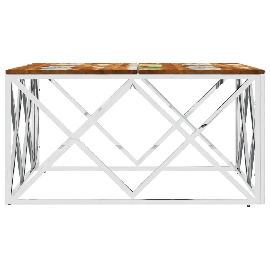 Coffee Table Silver Stainless Steel and Solid Wood Reclaimed