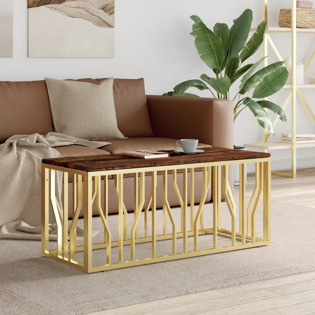 Coffee Table Gold Stainless Steel and Solid Wood Reclaimed