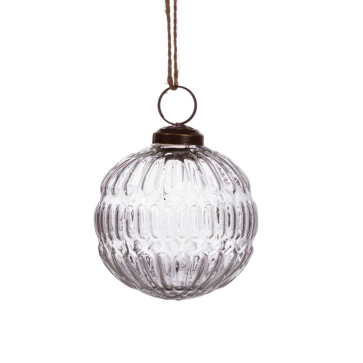 Clear Recycled Glass Grooved Bauble - Minimalistic Design for Eco-Friendly Holidays