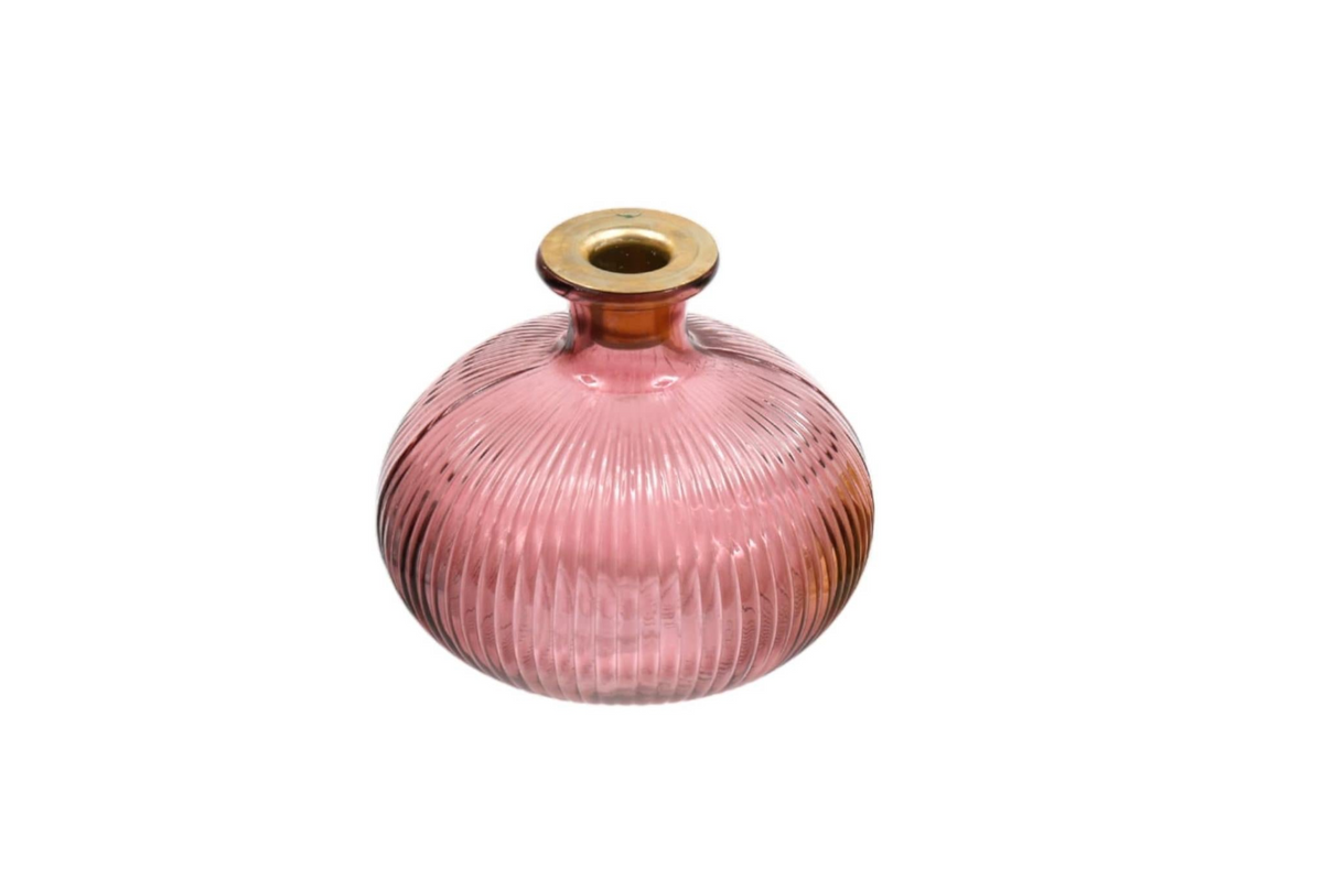 Delicate Pink Glass Candle Holder with Antique Gold Rim Detailing - Elegant Table Decor