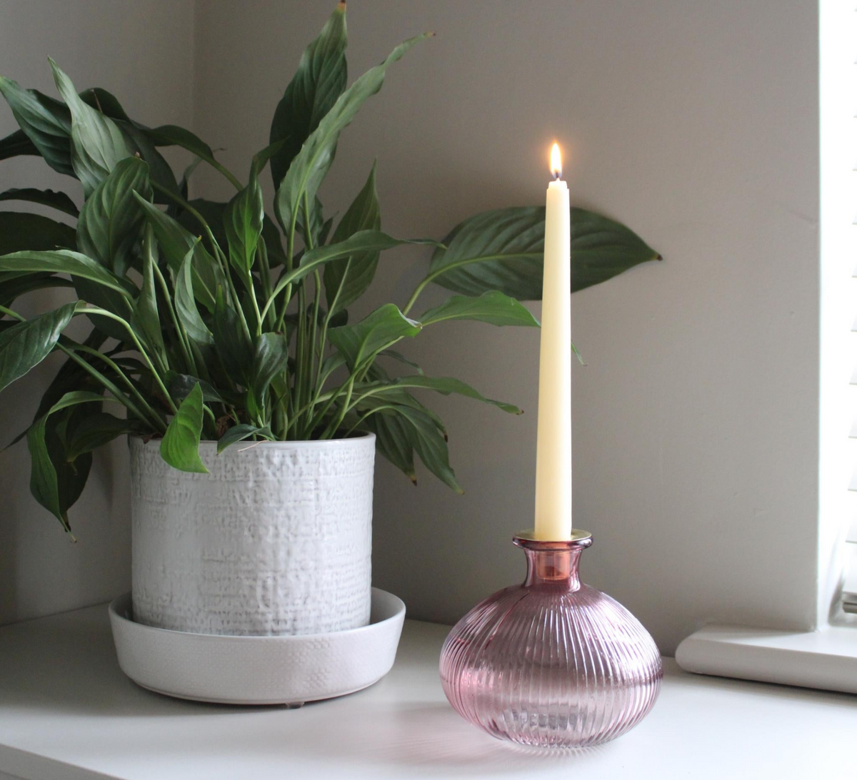 Delicate Pink Glass Candle Holder with Antique Gold Rim Detailing - Elegant Table Decor