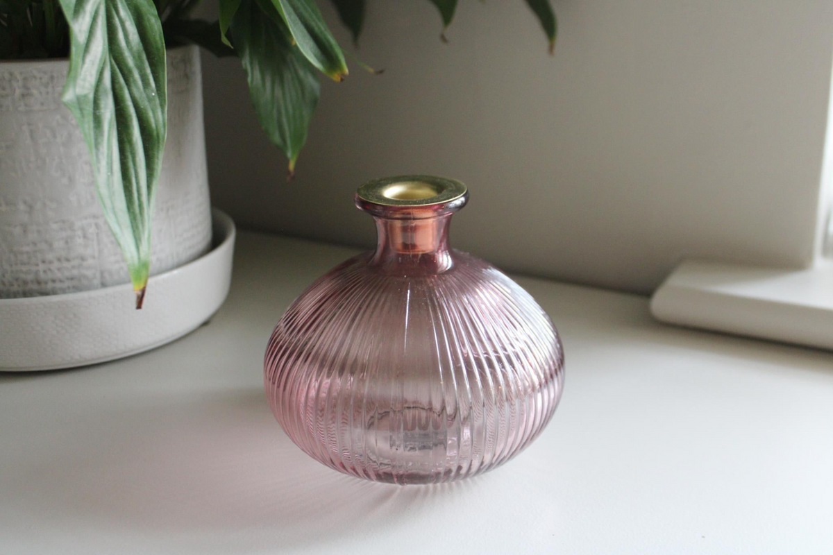 Delicate Pink Glass Candle Holder with Antique Gold Rim Detailing - Elegant Table Decor